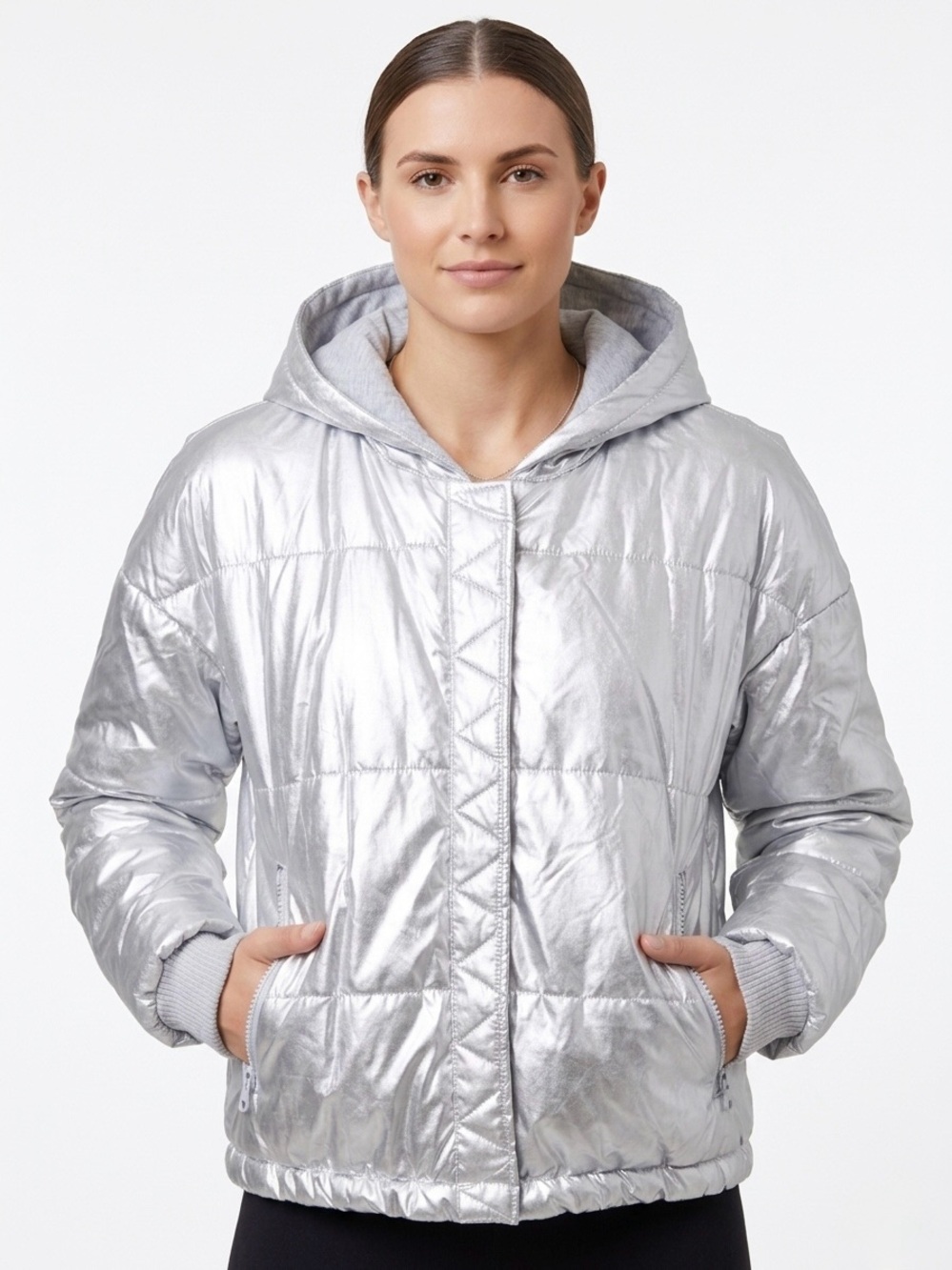 Splendid Metallic Silver Hooded Puffer Jacket Medium